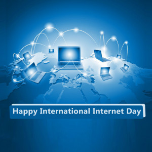 Illustration of laptops connected by a network over a world map, celebrating International Internet Day.