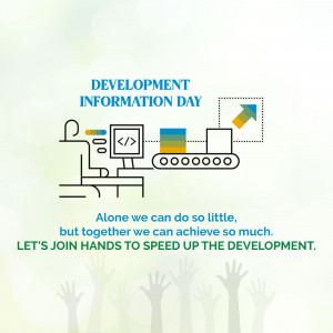 Illustration depicting development, teamwork, and progress with hands raised in the background.