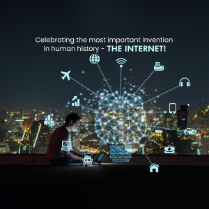 Man using laptop with a network of connected devices and a city skyline in the background.