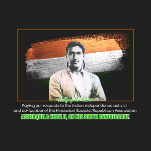 Portrait of Ashfaqulla Khan with the Indian flag in the background