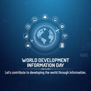 Digital globe surrounded by technology icons with text 'World Development Information Day'