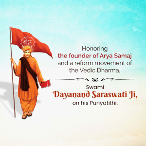 Image of Swami Dayanand Saraswati with a flag, honoring his legacy.