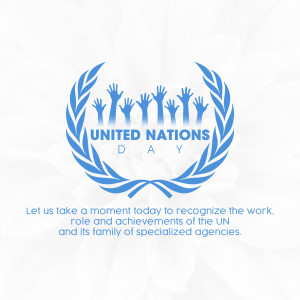 United Nations Day logo with hands reaching up and text celebrating the UN's work.