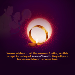 Karva Chauth festival greeting with moon, thali, and diya