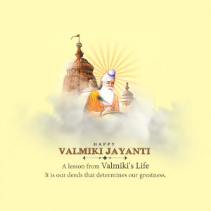 Image depicting Valmiki Jayanti celebration with a portrait of Valmiki and Jagannath Temple in the background.