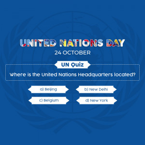 United Nations Day quiz graphic with question about UN Headquarters location
