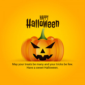 A vibrant orange background with a carved pumpkin and 'Happy Halloween' text.
