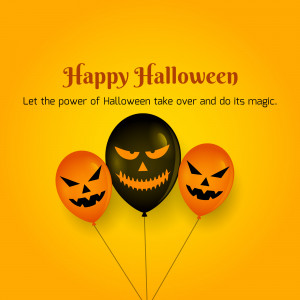 Halloween themed image with orange and black balloons with jack-o'-lantern faces.