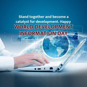 Laptop with a globe and text celebrating World Development Information Day