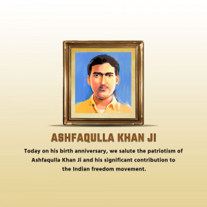 Portrait of Ashfaqualla Khan Ji in a golden frame with text commemorating his birth anniversary.