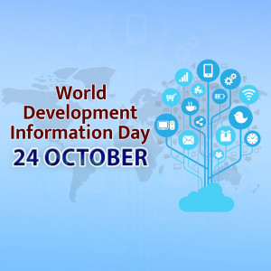 World Development Information Day graphic with a tree of technology icons over a world map.