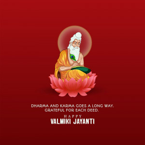 Illustration of Sage Valmiki meditating on a lotus flower with text 'Happy Valmiki Jayanti'