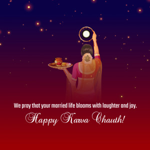 Illustration of a woman performing Karwa Chauth rituals with thali and chalni.
