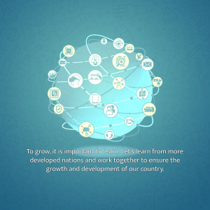 Illustration of a globe made of interconnected icons representing global collaboration and development.