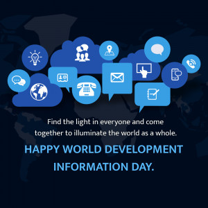 World Development Information Day graphic with icons and a world map.