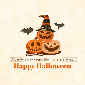 Stack of three pumpkins with witch hat and bats, with a Halloween greeting.