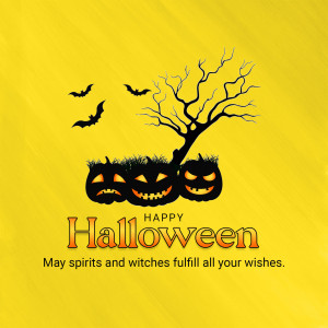 Halloween illustration with pumpkins, bats, and a spooky tree