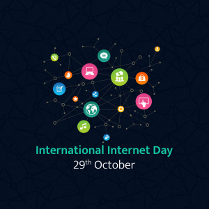 Illustration of a network connection with icons representing internet services and the text 'International Internet Day 29th October'
