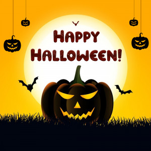 Halloween graphic with pumpkins, bats, and a full moon