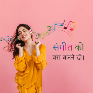 Young woman with headphones listening to music with colorful musical notes around her.