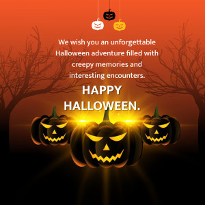 Halloween greeting with pumpkins and spooky trees