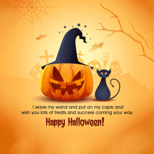 Halloween greeting with a pumpkin witch and black cat