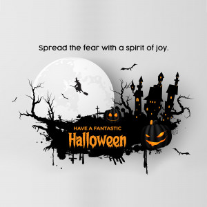 Halloween illustration with a witch, haunted house, pumpkins, and a full moon.