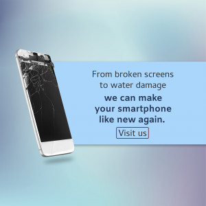 Broken smartphone screen with text advertising repair services