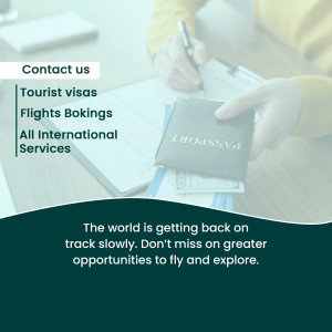 Image depicting a hand writing on a passport with travel documents, promoting tourist visas, flight bookings, and international services.