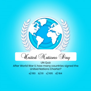 Image depicting the Earth with laurel wreaths and text celebrating United Nations Day with a quiz question.