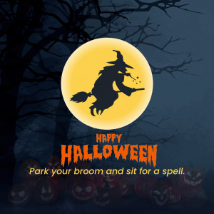 Silhouette of a witch flying on a broomstick in front of a full moon with Halloween pumpkins and text.