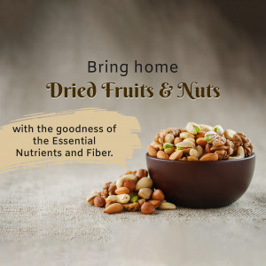 A bowl of mixed dried fruits and nuts with text promoting their nutritional benefits.