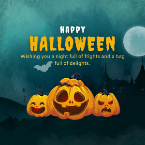 Halloween greeting with pumpkins and spooky landscape