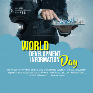 Image depicting a person presenting a cityscape made of building blocks with the text 'World Development Information Day'