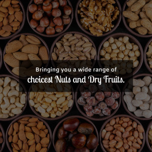 A variety of nuts and dry fruits arranged in small bowls.