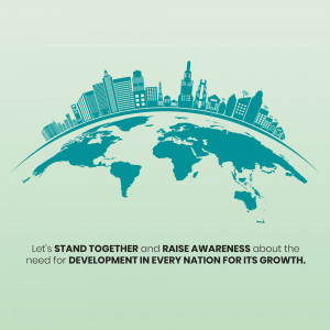 Silhouette of a globe with a cityscape across the horizon and text promoting development awareness.