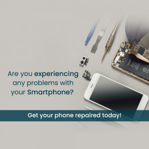 Smartphone repair tools and a disassembled phone with text promoting repair services.