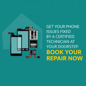 Illustration of disassembled phone parts with text promoting mobile repair services.