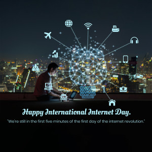 Man using laptop with internet connectivity icons and city skyline in the background