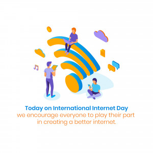 Illustration depicting people using devices connected to a wifi signal with text celebrating International Internet Day.