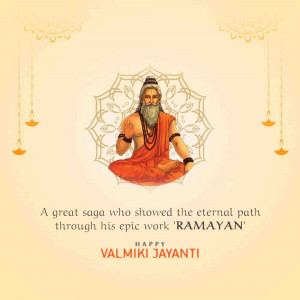 Image depicting Valmiki, the author of the Ramayana, with a decorative background and text wishing Happy Valmiki Jayanti.