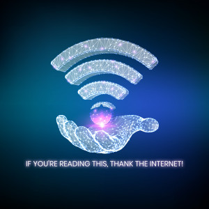 A futuristic, polygonal wireframe illustration of a WiFi signal being held in a hand, with a glowing orb at the base.