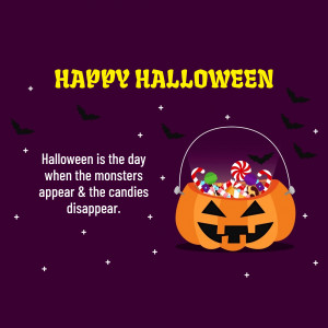 Illustration of an orange pumpkin bucket overflowing with colorful candies against a dark purple background with bats and the text 'Happy Halloween'.