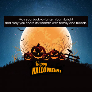 Halloween greeting with pumpkins, a full moon, and spooky trees.
