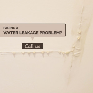 Close-up of a poster advertising water leakage services with visible damage around the edges.