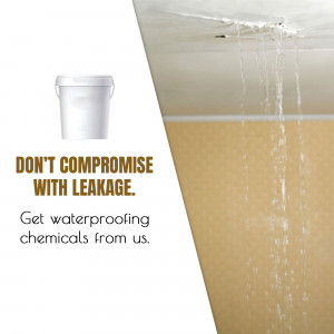 Image showing water leakage from a ceiling with a bucket placed underneath, promoting waterproofing chemicals.