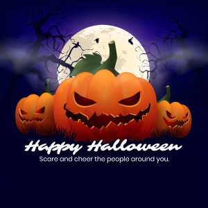 Jack-o'-lanterns and a full moon on a dark Halloween night