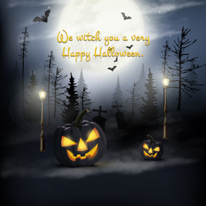 Halloween greeting with pumpkins, bats, and a full moon