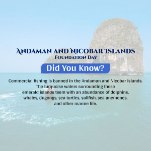 Image showcasing a rock formation in the Andaman and Nicobar Islands with text about a fishing ban and marine life.