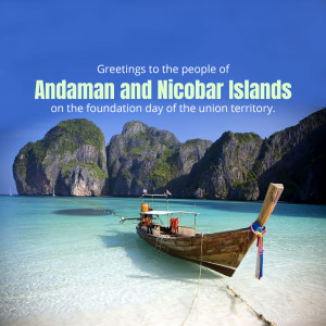 Scenic view of Andaman and Nicobar Islands with a boat and text celebrating Foundation Day